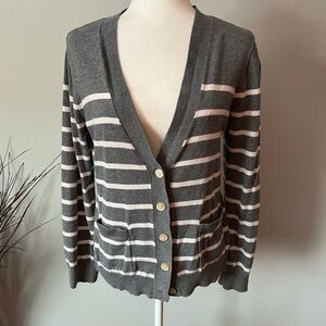 Chaps Women's Gray and Pink Striped Cardigan size large with hip pockets cotton